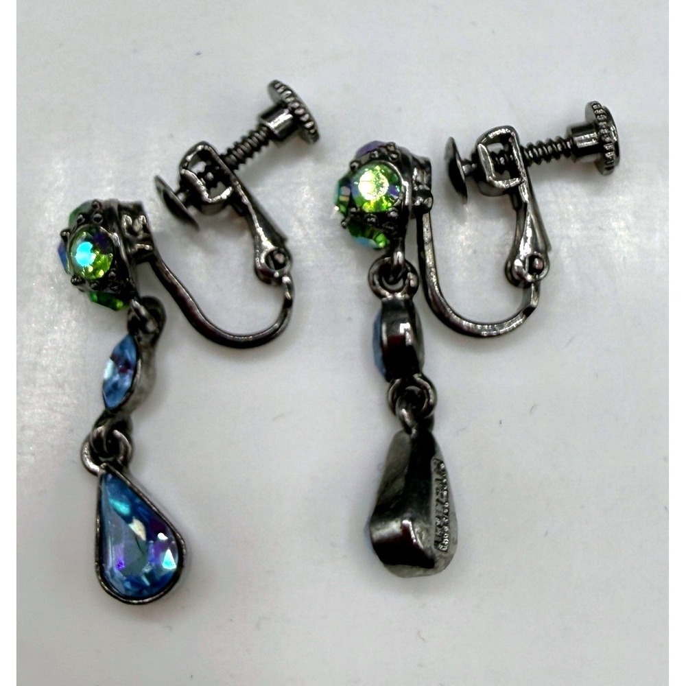Givenchy Vintage Iridescent Crystal Drop Screw Back Earrings Gunmetal Blue Green - Picture 6 of 8